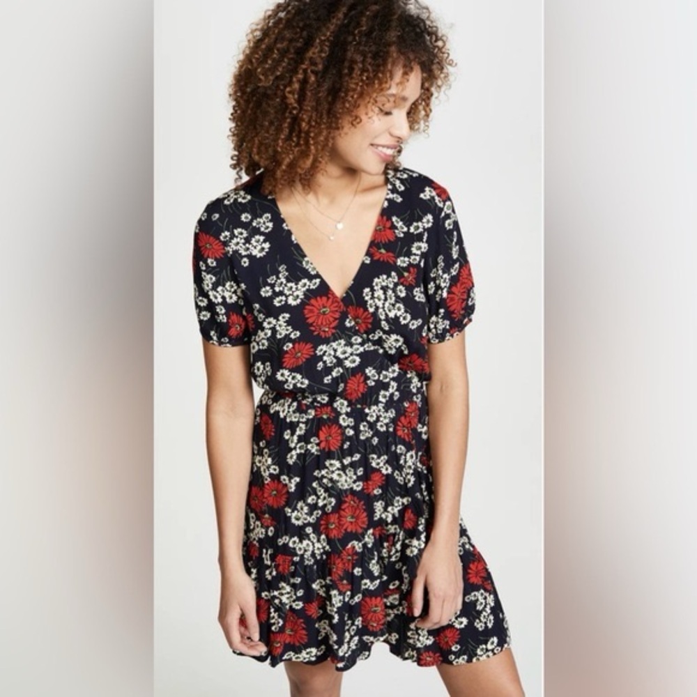 Madewell ruffle faux wrap‎ mini dress in hillside daisies size 0 bright feminine